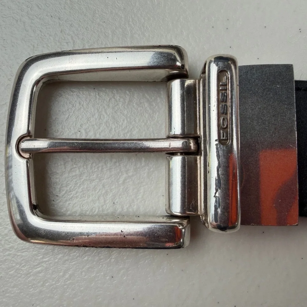 Fossil Mens Reversible Leather Belt Black Brown Silver Buckle Size 34-38‎